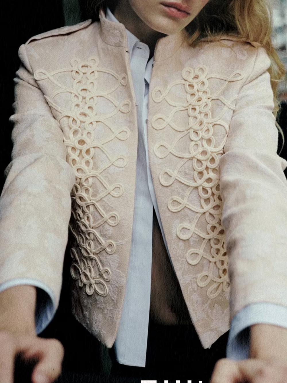 Elegant Cream Floral Jacquard Military-Style Women's Jacket 4804
